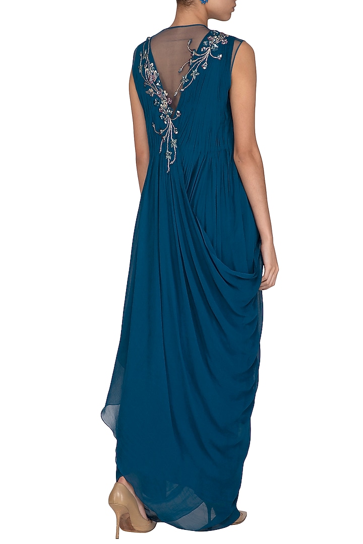 Teal Embroidered Party Wear Gown by Vivek Patel at Pernia's Pop Up Shop