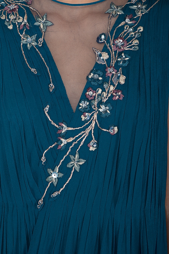 Teal Embroidered Party Wear Gown by Vivek Patel at Pernia's Pop Up Shop