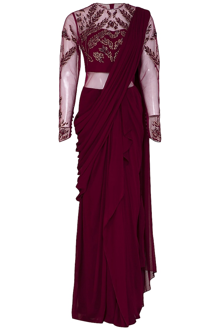 Wine Embroidered Wedding Saree Gown by Vivek Patel at Pernia's Pop Up Shop
