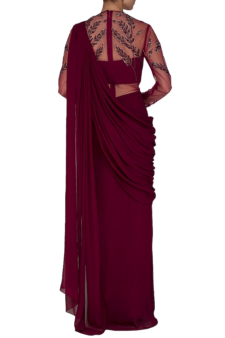 Wine Embroidered Wedding Saree Gown by Vivek Patel at Pernia's Pop Up Shop