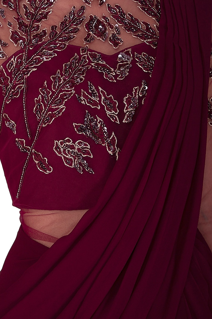 Wine Embroidered Wedding Saree Gown by Vivek Patel at Pernia's Pop Up Shop