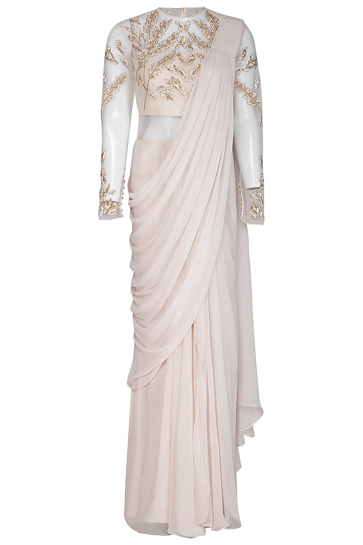 Ivory Embroidered Saree Gown by VIVEK PATEL