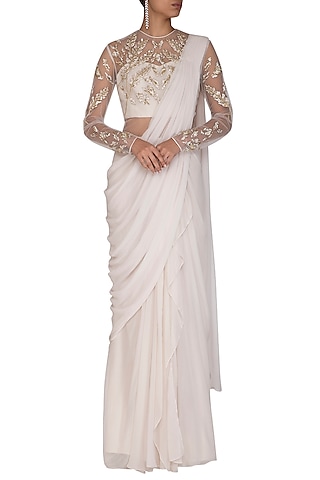 Ivory Embroidered Saree Gown by Vivek Patel