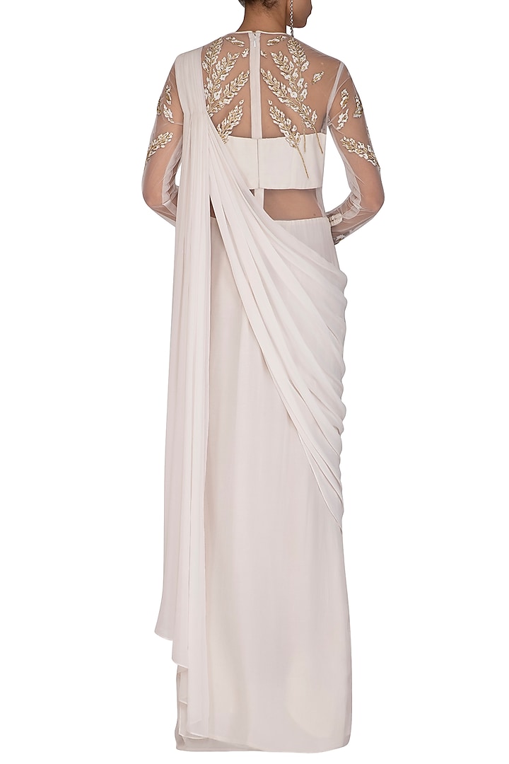 Ivory Embroidered Wedding Saree Gown by Vivek Patel at Pernia's Pop Up Shop