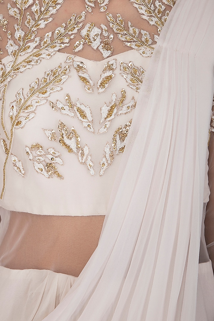 Ivory Embroidered Wedding Saree Gown by Vivek Patel at Pernia's Pop Up Shop