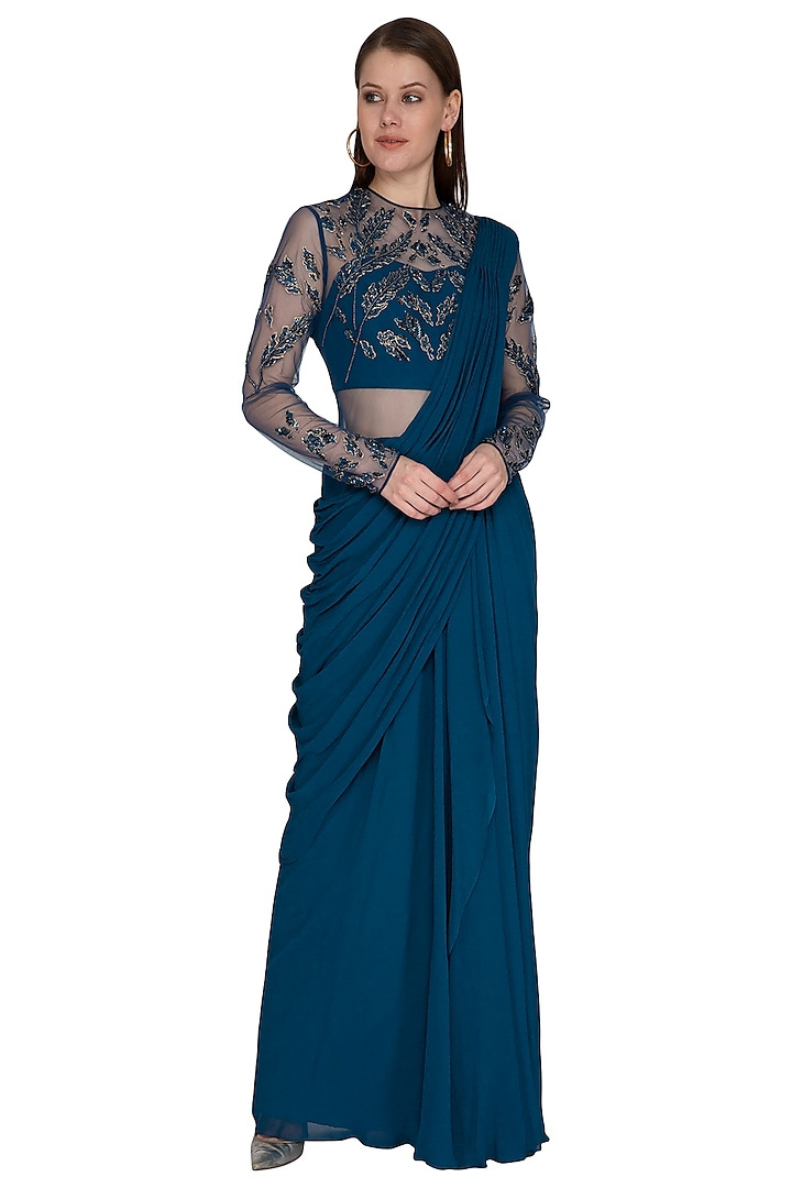 Teal Embroidered Gown Saree by VIVEK PATEL