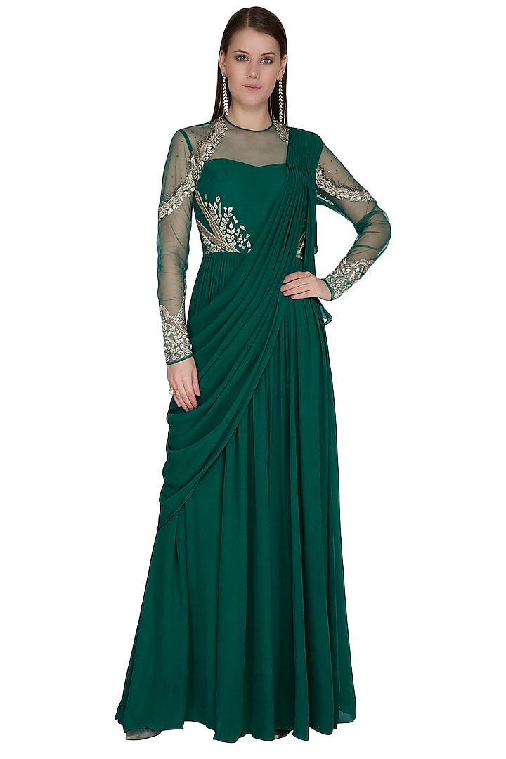 Green Embroidered Gown Saree by VIVEK PATEL