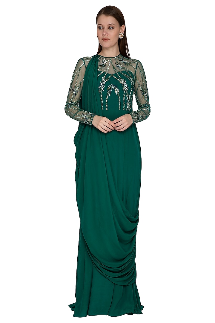 Green Embroidered Draped Gown by VIVEK PATEL