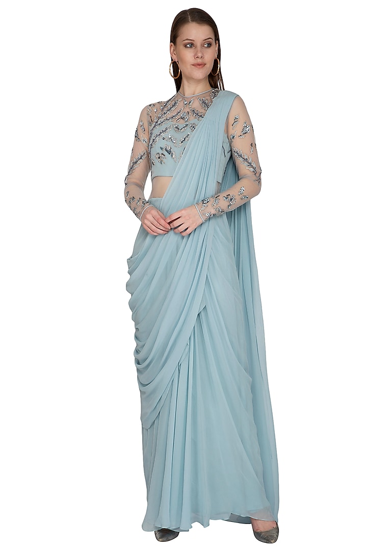 Frost Blue Embroidered Gown Saree by VIVEK PATEL