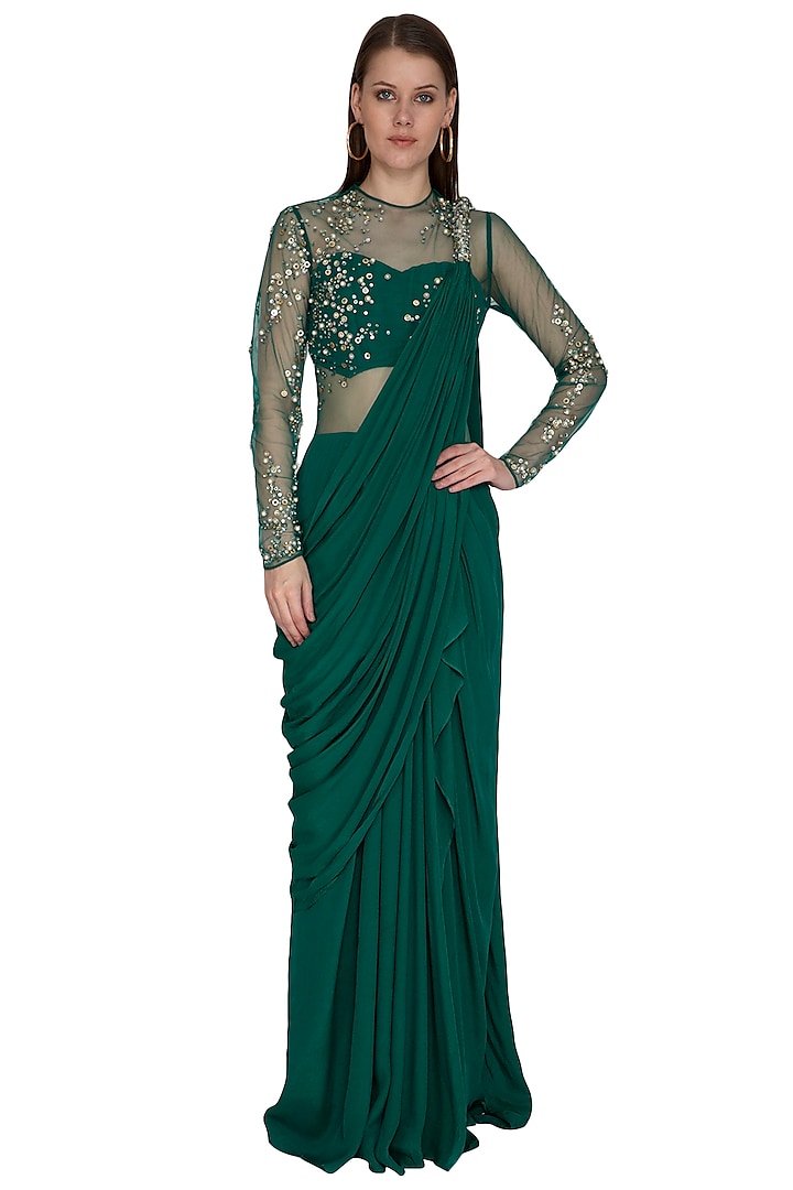 Irish Green Embroidered Gown Saree by VIVEK PATEL
