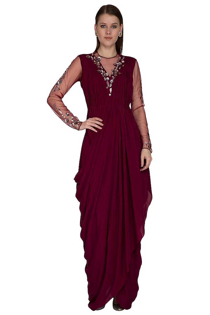 Wine Embroidered Gown by VIVEK PATEL
