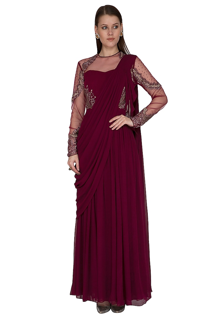 Wine Georgette & Tulle Sequins Embroidered Gown Saree by vivek patel