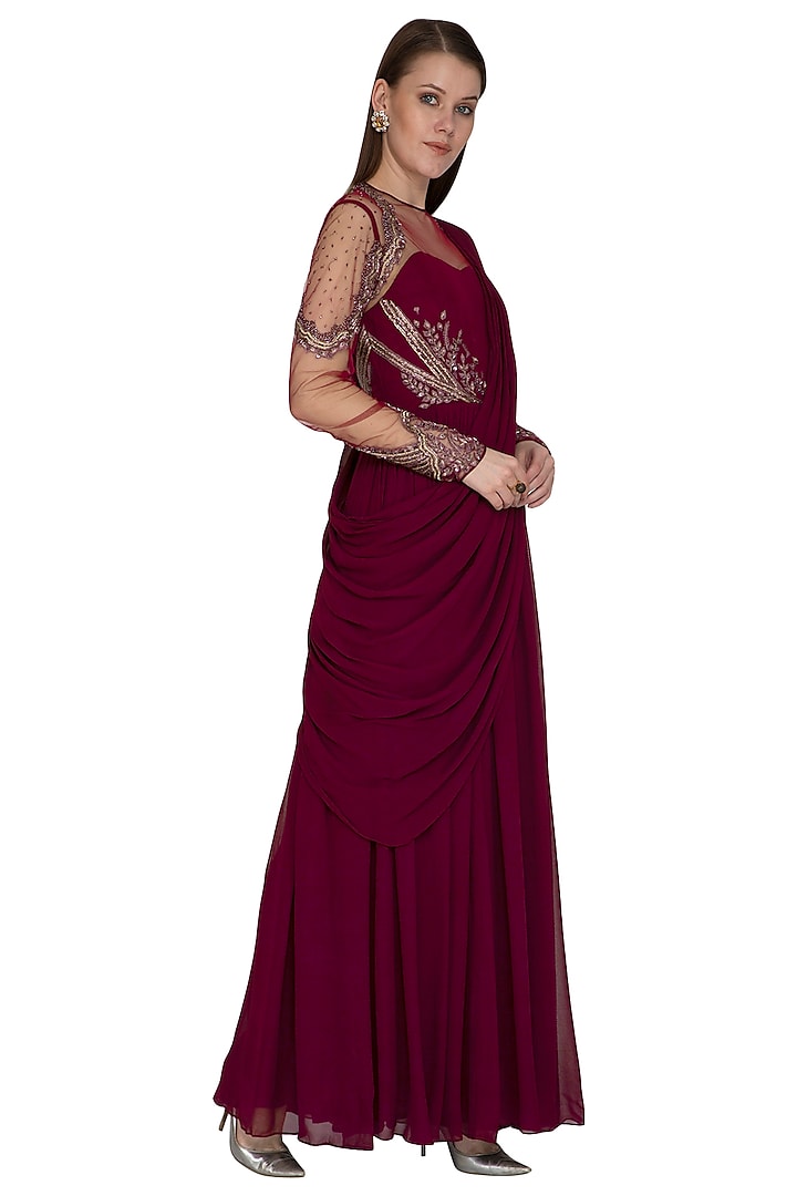 Wine Georgette & Tulle Sequins Embroidered Wedding Gown Saree by Vivek Patel at Pernia's Pop Up Shop