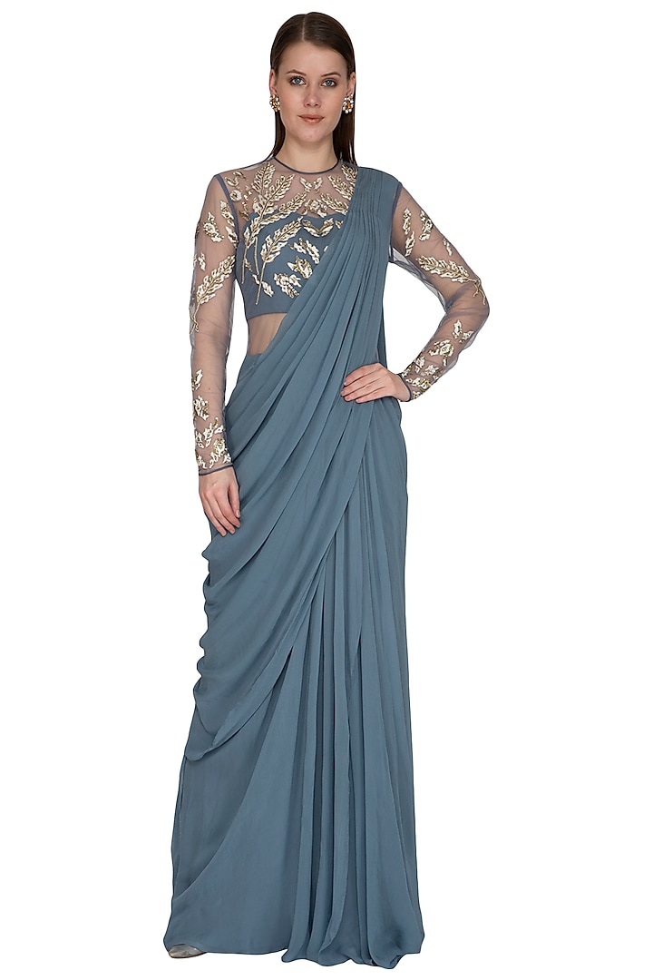 Celeste Blue Embroidered Gown Saree by VIVEK PATEL