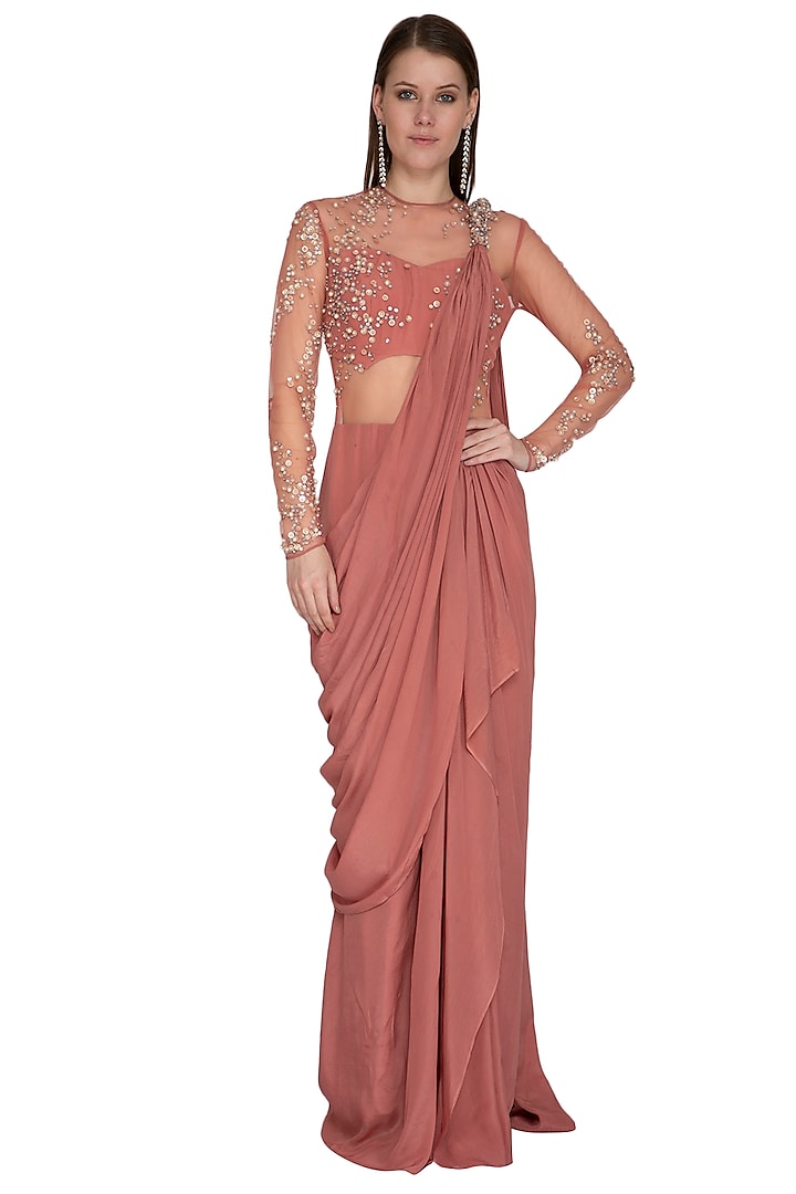 Pink Embroidered Gown Saree by VIVEK PATEL