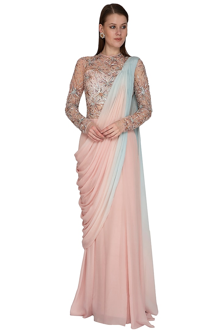 Pearl Pink Embroidered Gown Saree by VIVEK PATEL