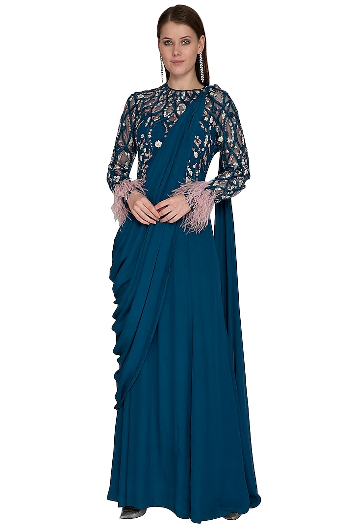 Teal Blue Embroidered Gown Saree by VIVEK PATEL