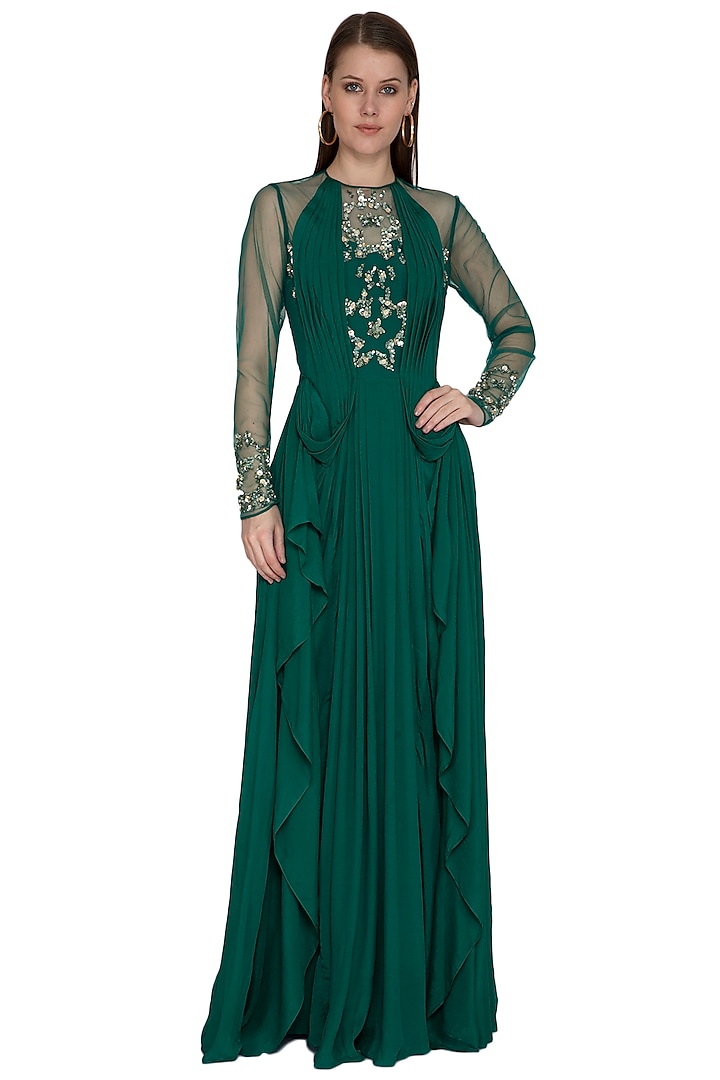 Irish Green Embroidered Gown by VIVEK PATEL