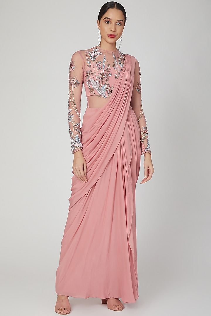 Pink Hand Embellished Gown Saree by VIVEK PATEL