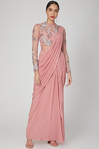 Pink Hand Embellished Gown Saree by Vivek Patel