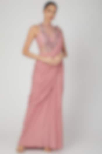 Rose Pink Embellished Gown Saree by VIVEK PATEL at Pernia's Pop Up Shop