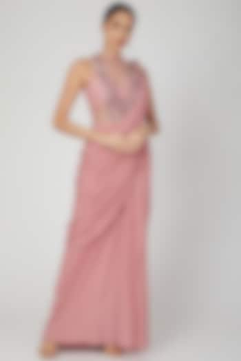 Rose Pink Embellished Gown Saree by VIVEK PATEL