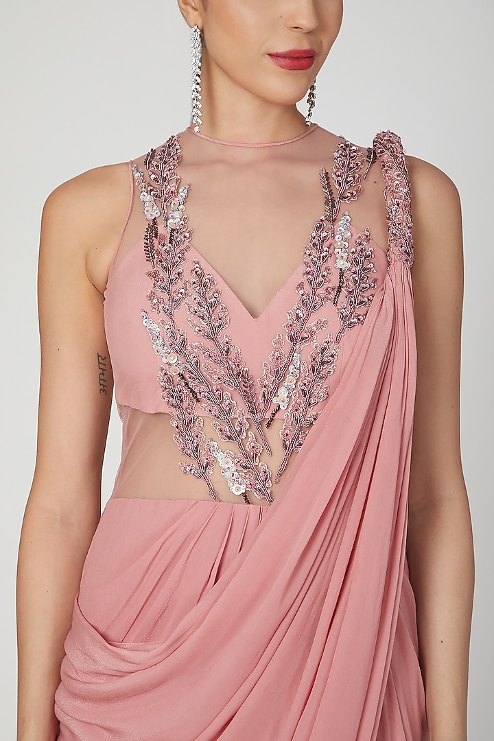 Rose Pink Embellished Wedding Gown Saree by Vivek Patel at Pernia's Pop Up Shop