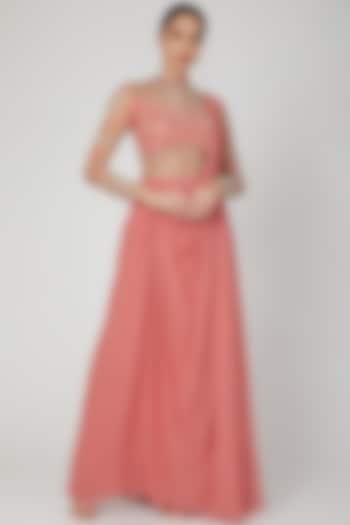Pink Georgette Crystal Embellished Pre-Draped Gown Saree by VIVEK PATEL