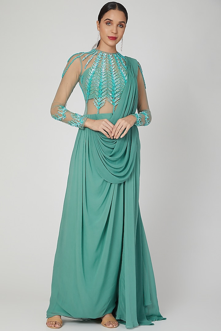 Blue Embellished Pre-Draped Gown Saree by VIVEK PATEL