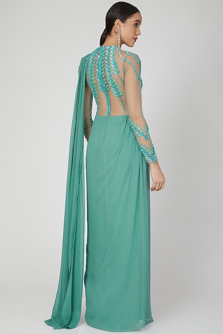 Blue Embellished Pre-Draped Wedding Gown Saree by Vivek Patel at Pernia's Pop Up Shop