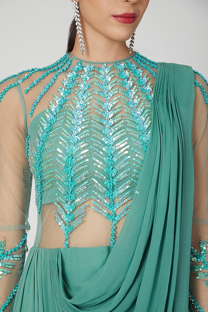 Blue Embellished Pre-Draped Wedding Gown Saree by Vivek Patel at Pernia's Pop Up Shop