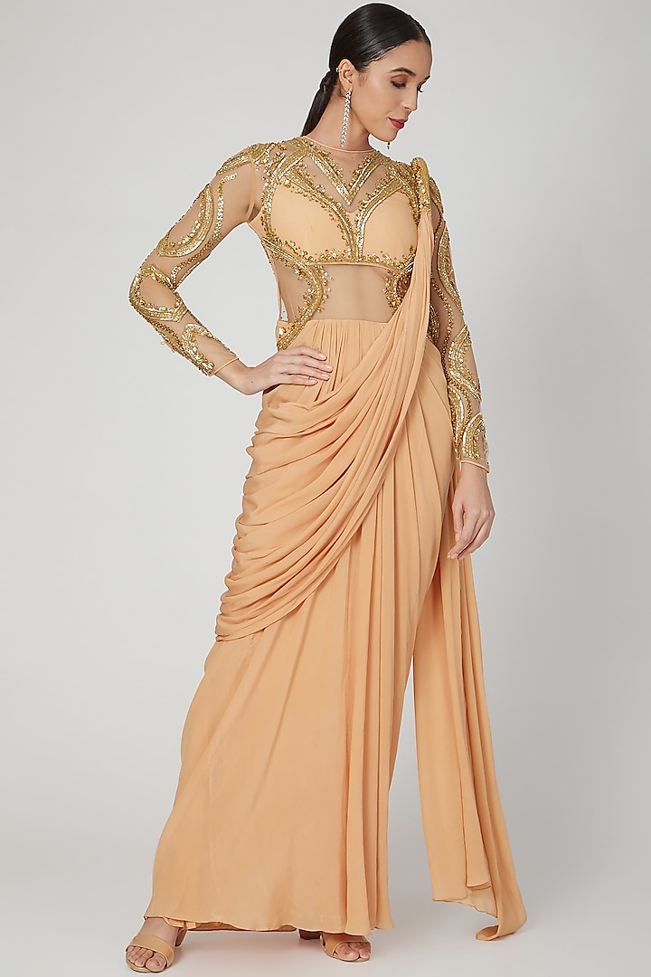 Golden Embellished Gown Saree by VIVEK PATEL