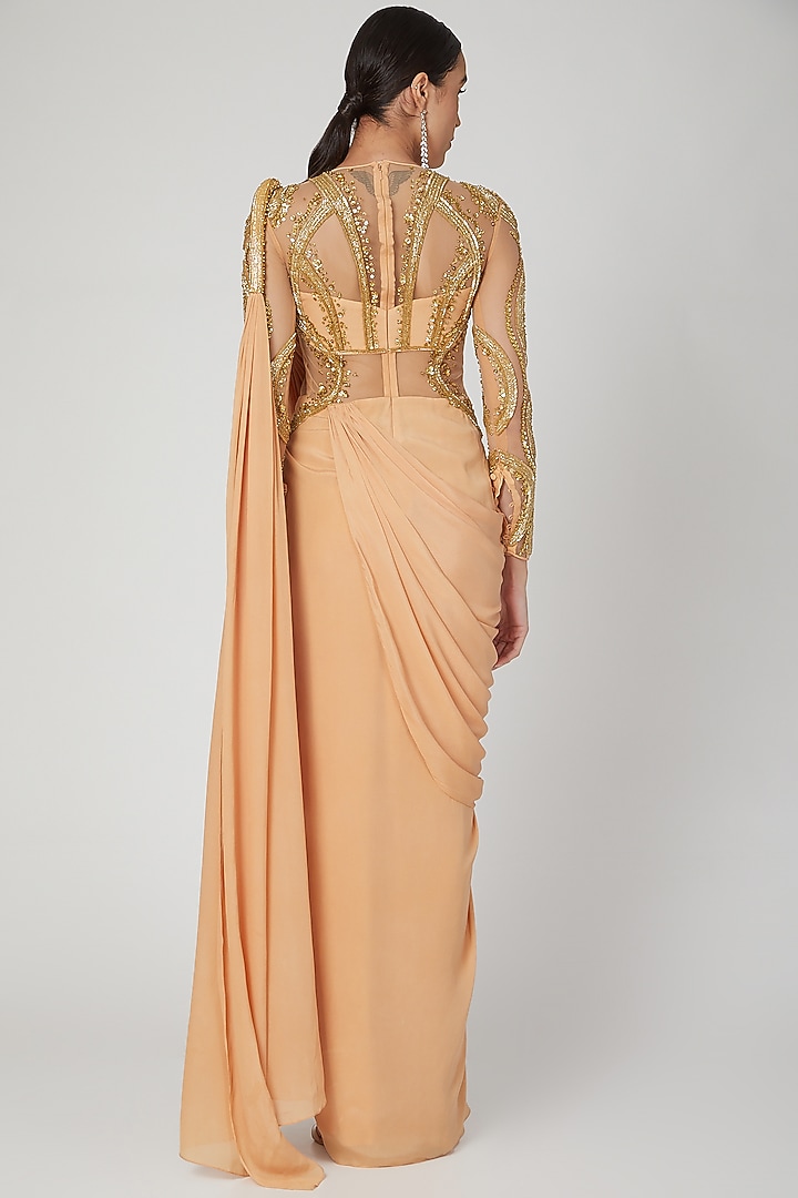 Golden Embellished Reception Gown Saree by Vivek Patel at Pernia's Pop Up Shop