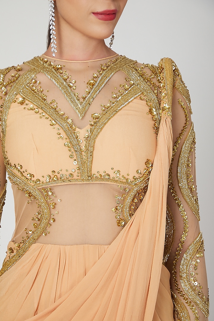 Golden Embellished Reception Gown Saree by Vivek Patel at Pernia's Pop Up Shop