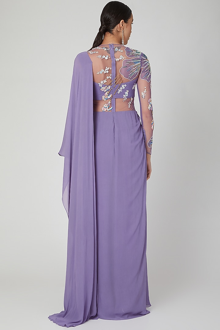 Mauve Georgette Crystal & Beads Hand Embellished Wedding Gown Saree by Vivek Patel at Pernia's Pop Up Shop