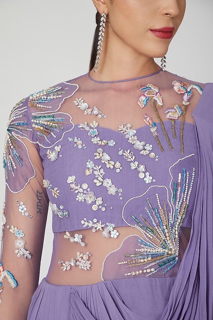 Mauve Georgette Crystal & Beads Hand Embellished Wedding Gown Saree by Vivek Patel at Pernia's Pop Up Shop