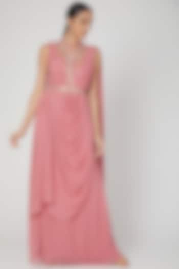 Rose Pink Georgette Crystal Embellished Draped Gown Saree With Belt by VIVEK PATEL