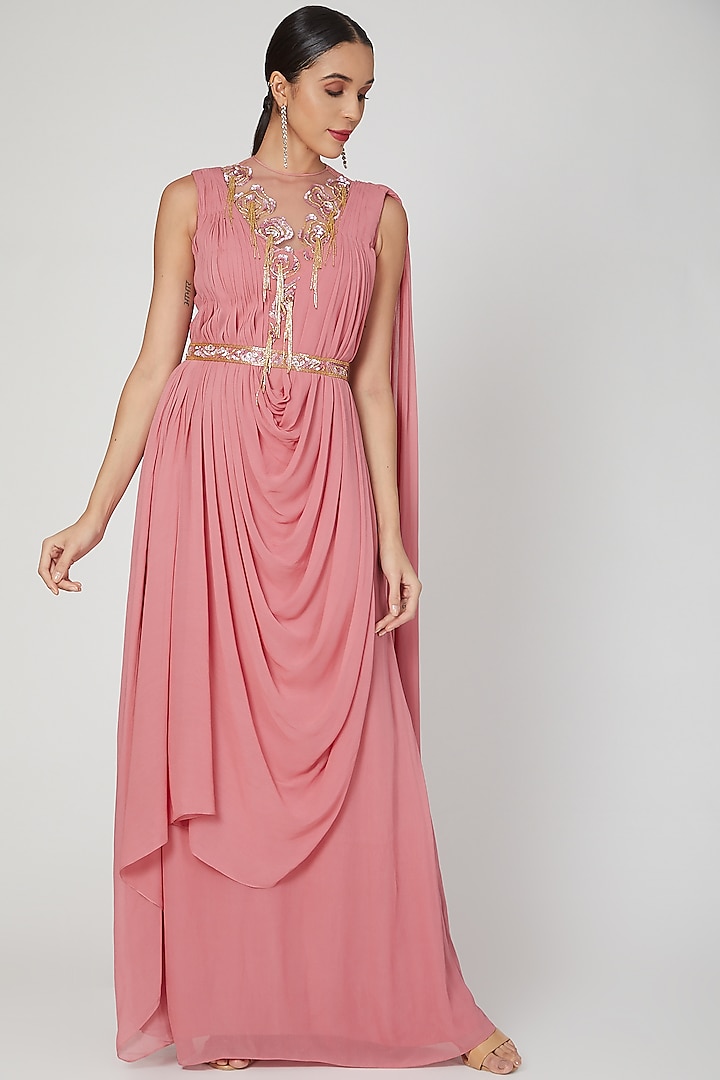 Rose Pink Georgette Crystal Embellished Draped Gown Saree With Belt by VIVEK PATEL
