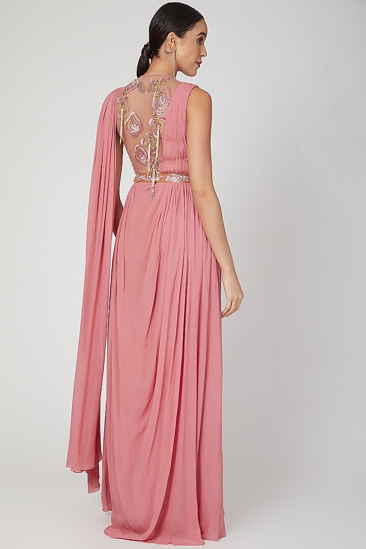 Rose Pink Georgette Crystal Embellished Draped Wedding Gown Saree by Vivek Patel at Pernia's Pop Up Shop