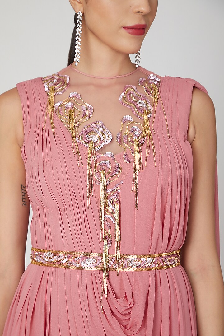 Rose Pink Georgette Crystal Embellished Draped Wedding Gown Saree by Vivek Patel at Pernia's Pop Up Shop