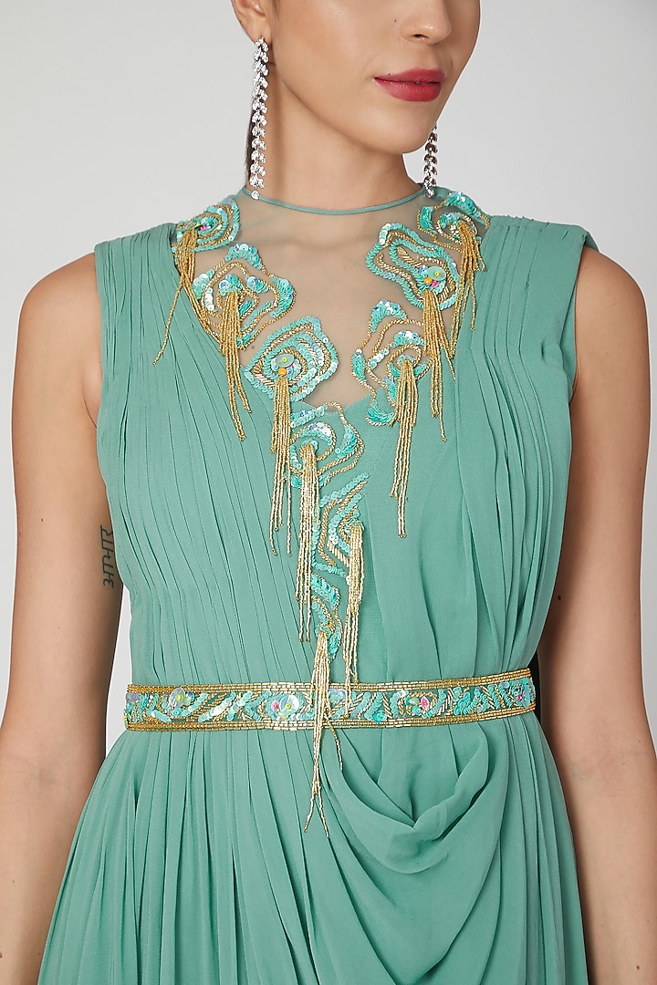 Blue Georgette Hand Embellished Wedding Gown Saree by Vivek Patel at Pernia's Pop Up Shop