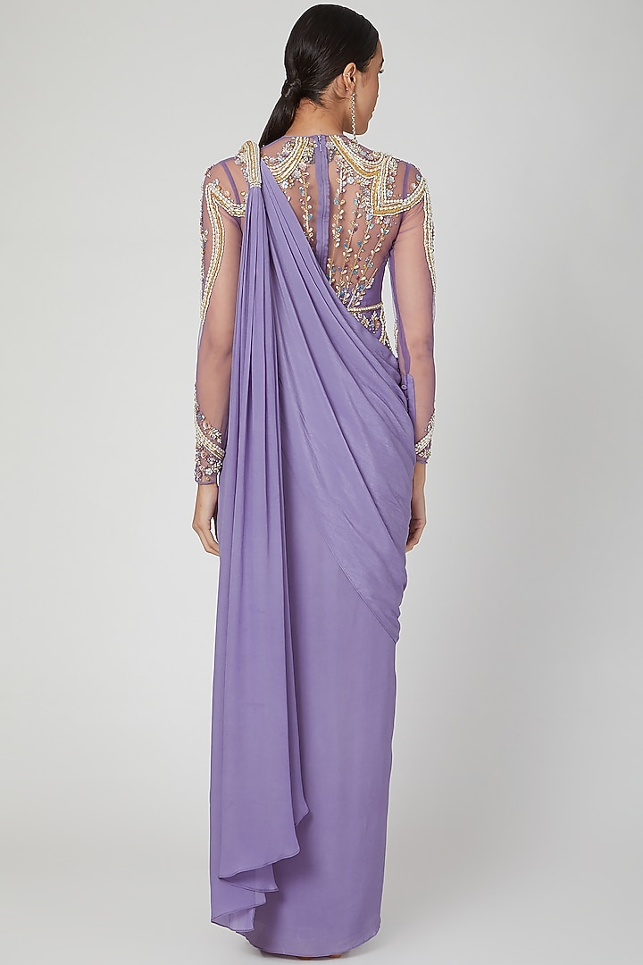 Lavender Crepe Embellished Draped Wedding Gown Saree by Vivek Patel at Pernia's Pop Up Shop