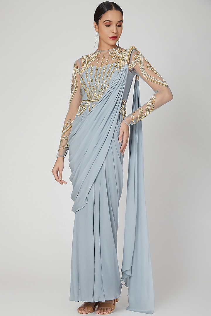 Frost Blue Embellished Gown Saree by VIVEK PATEL