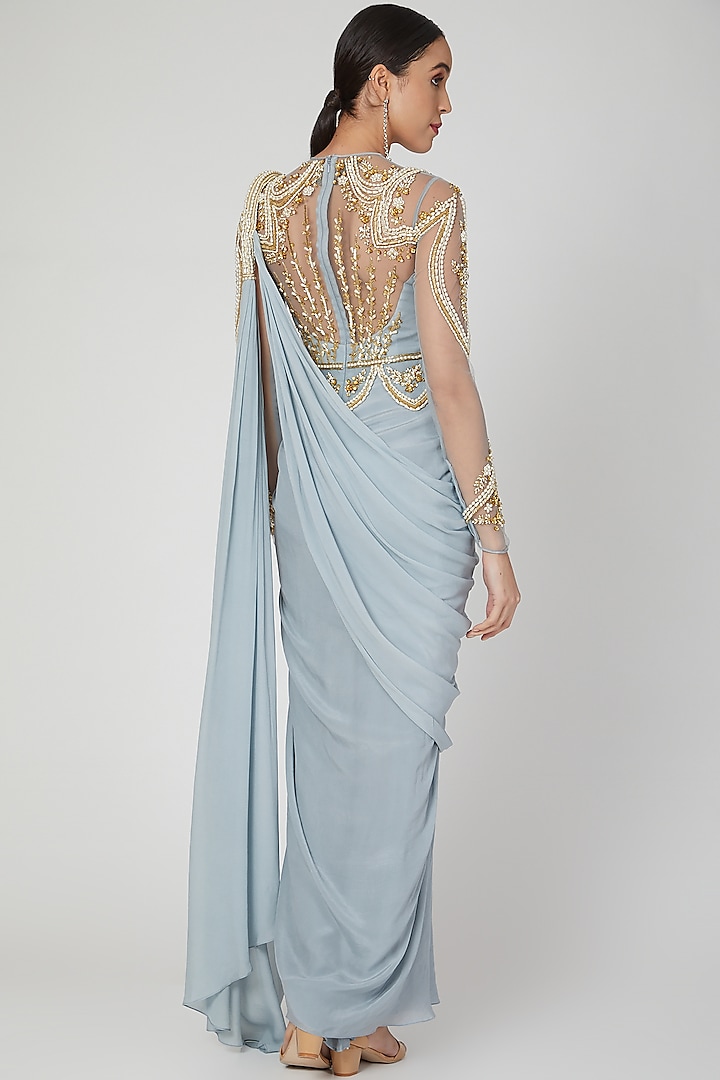 Frost Blue Embellished Wedding Gown Saree by Vivek Patel at Pernia's Pop Up Shop