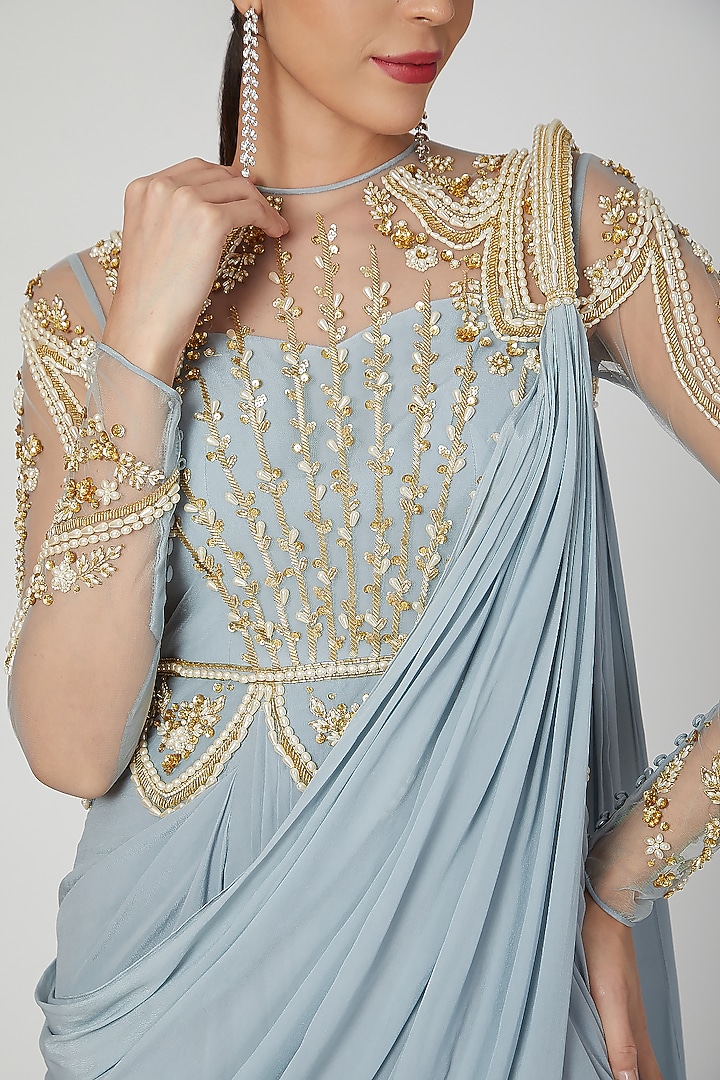 Frost Blue Embellished Wedding Gown Saree by Vivek Patel at Pernia's Pop Up Shop