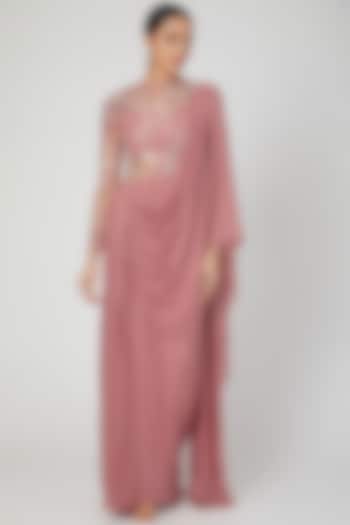 Rose Pink Hand Embellished Gown Saree by VIVEK PATEL