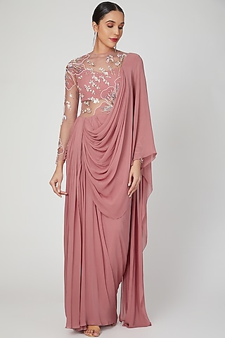 Rose Pink Hand Embellished Gown Saree by Vivek Patel