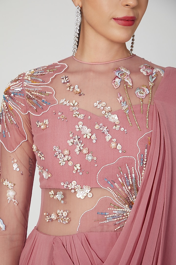 Rose Pink Hand Embellished Wedding Gown Saree by Vivek Patel at Pernia's Pop Up Shop