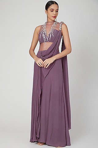 Purple Hand Embellished Gown Saree by Vivek Patel