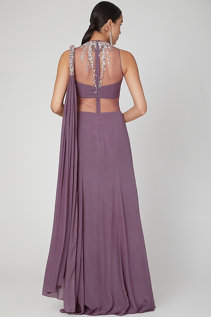 Purple Hand Embellished Wedding Gown Saree by Vivek Patel at Pernia's Pop Up Shop